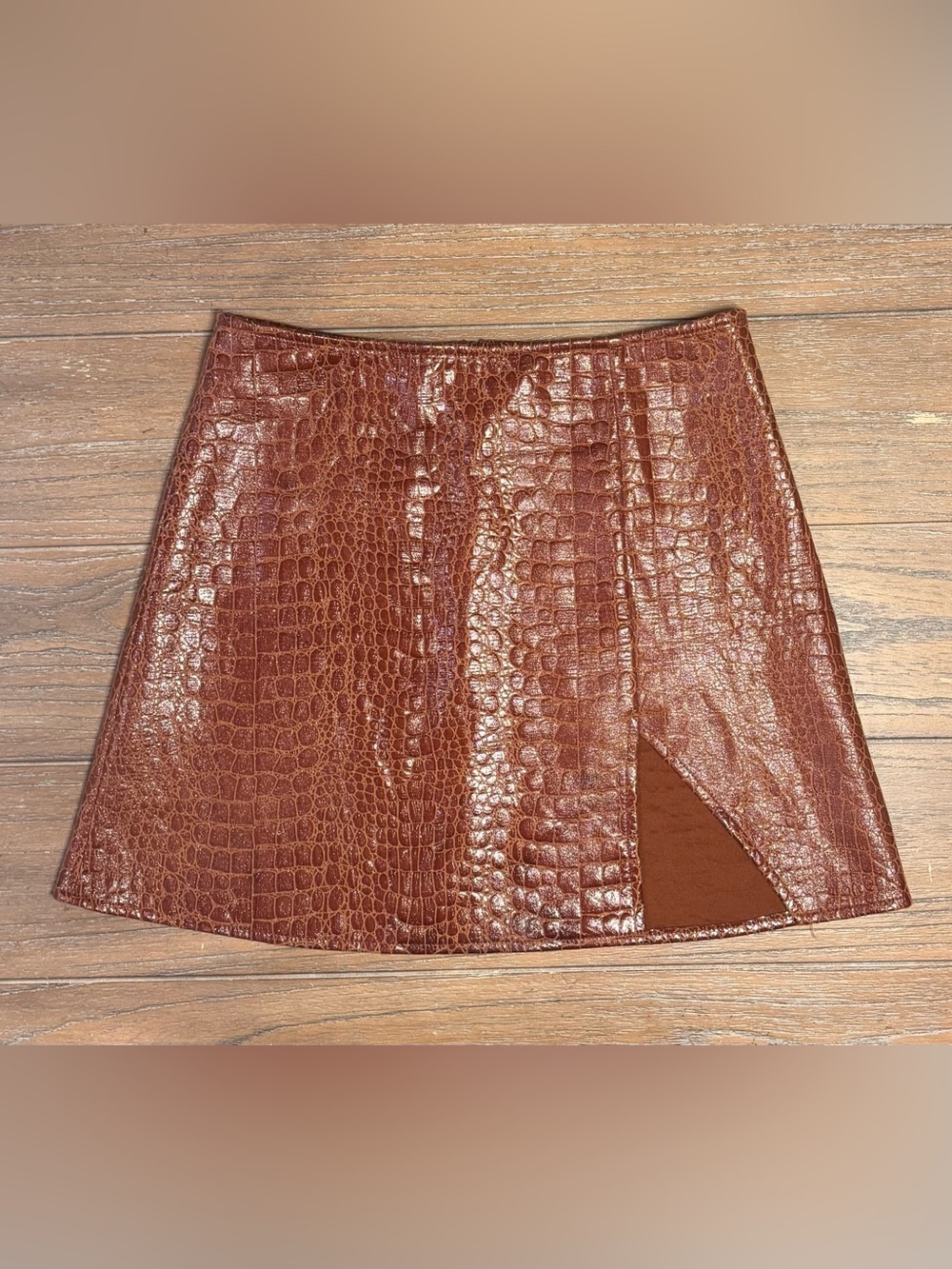 Motel Rocks Brown Faux Croc Mini Skirt with Front Slit #112